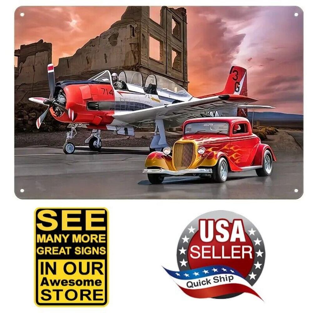 Metal Sign • T-28 Trojan Navy Fighter Plane Aircraft & Classic 1934 Ford Hot Rod